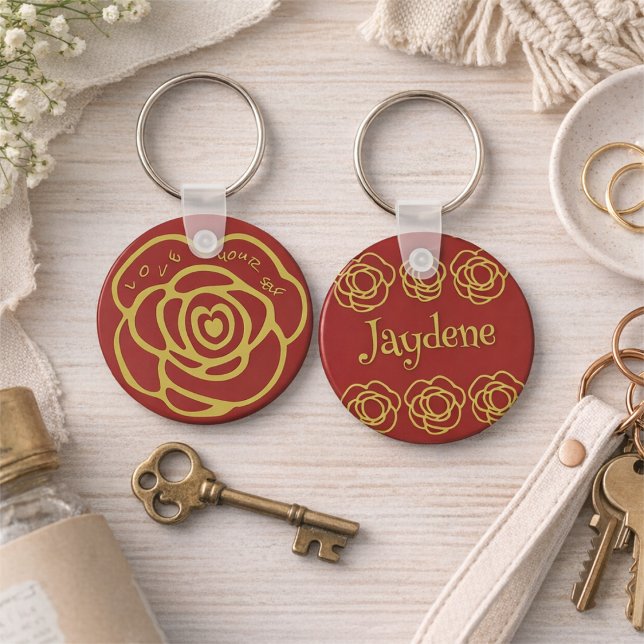 Love Yourself Red Rose Keychain (Front says “LOVE YOUR SELF.” Back says your name. This red rose keychain is bold and giftable.)