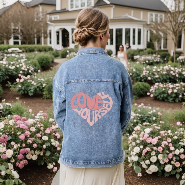 Love Yourself Two-Tone Pink Heart Word Denim Jacket (Wedding Back)