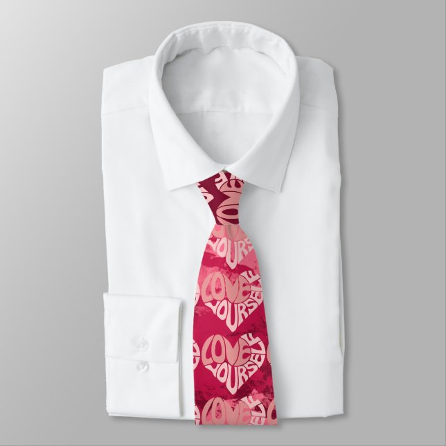 Love Yourself Two-Tone Pink Heart Word  Neck Tie (Tied)