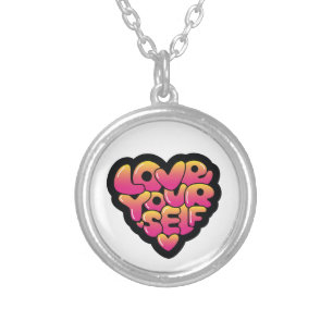Love Yourself Typography Heart Sticker  Silver Plated Necklace