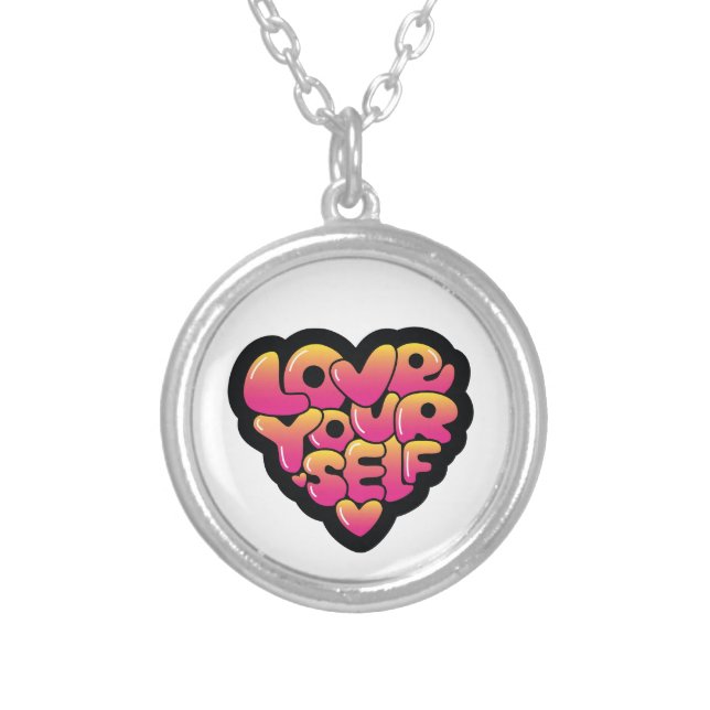 Love Yourself Typography Heart Sticker  Silver Plated Necklace (Front)