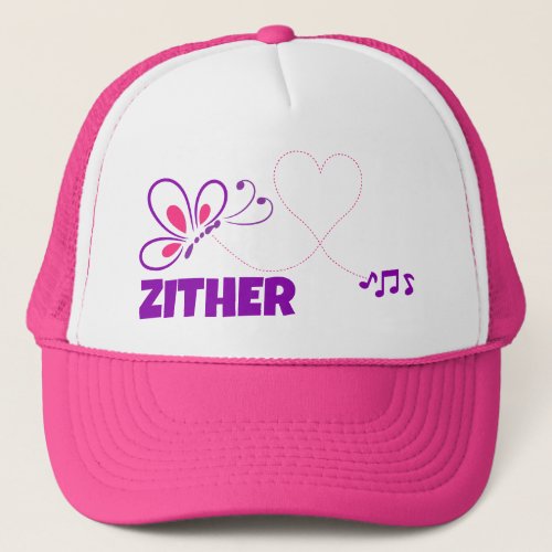 Love Zither Pink Purple Butterfly Heart Music Notes Trucker Hat
