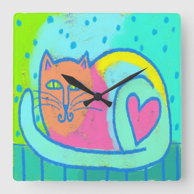 Loveable Cat Abstract Art Square Wall Clock (Front)