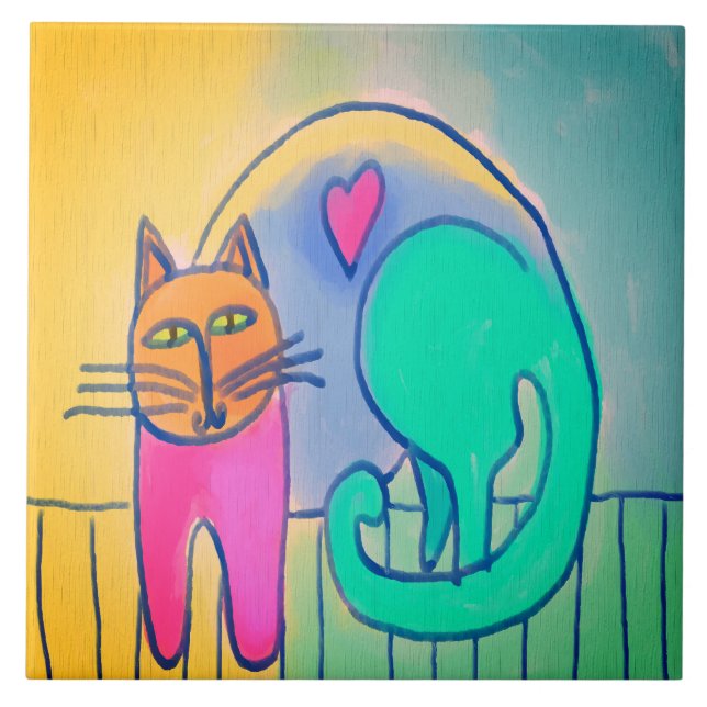Loveable Cat Abstract Digital Painting Ceramic Tile (Front)