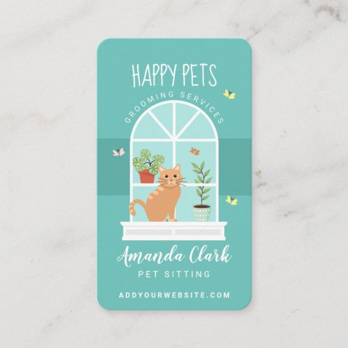 Loveable Happy Cat on Window Sill Pet Sitting  Business Card