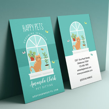 Loveable Happy Cat On Window Sill Pet Sitting  Business Card by moodthology at Zazzle