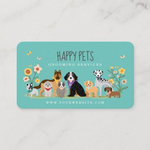 Loveable Happy Pet Family Pet Care Grooming Blue Business Card