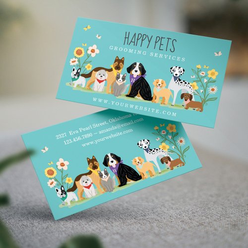 Loveable Happy Pet Family Pet Care Grooming Blue Business Card