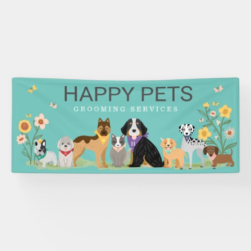 Loveable Happy Pet Family Pet Care Grooming Teal Banner