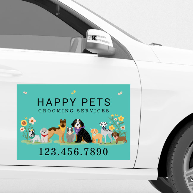 Loveable Happy Pet Family Pet Care, Grooming Teal Car Magnet