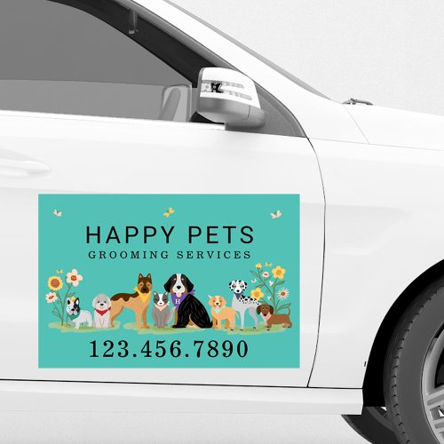 Loveable Happy Pet Family Pet Care Grooming Teal Car Magnet