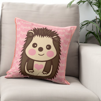 Loveable Hedgehog With Little Girl's Name Throw Pillow by DoodleDeDoo at Zazzle
