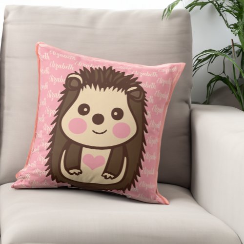 Loveable Hedgehog with Little Girls Name Throw Pillow