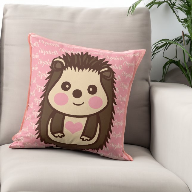 Loveable Hedgehog with Little Girl's Name Throw Pillow