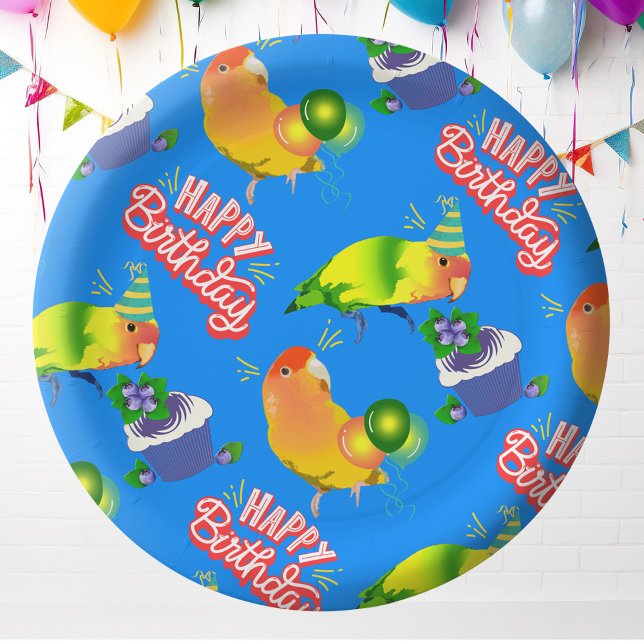 Lovebird Birthday Celebration Bird Themed Party Paper Plates (Pet lovebird parrot birthday party plates)