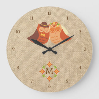 Lovebird Owls on Burlap Monogram Clock