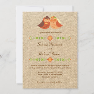 Lovebird Owls on Burlap Wedding Invitation