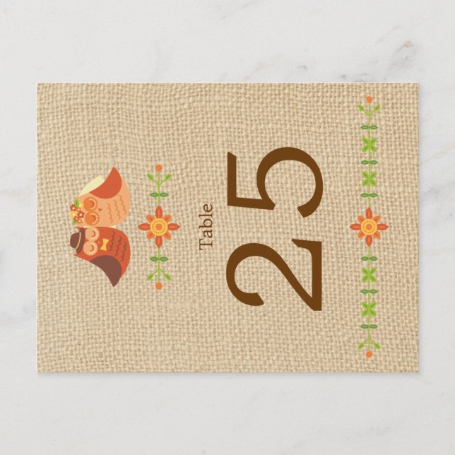 Lovebird Owls on Burlap Wedding Table Number (Front)