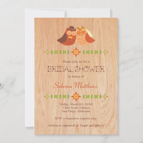Lovebird Owls on Wood Bridal Shower Personalized Invite