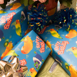 Lovebird Parrot Birds Bright Blue Happy Birthday Wrapping Paper