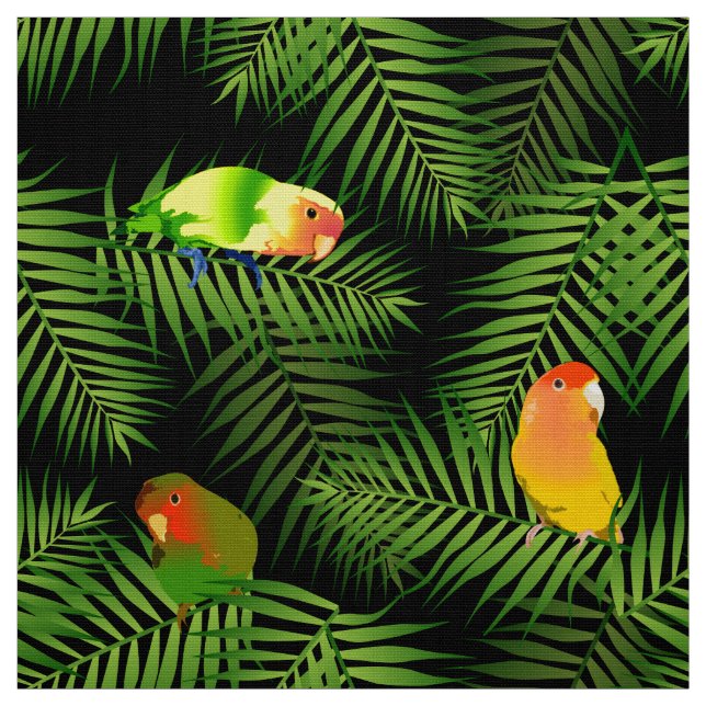 Lovebird Parrot Green Palm Leaf Bird Pattern Black Fabric (Swatch)