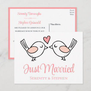 Lovebird Pink Love Birds Just Married Wedding Announcement Postcard