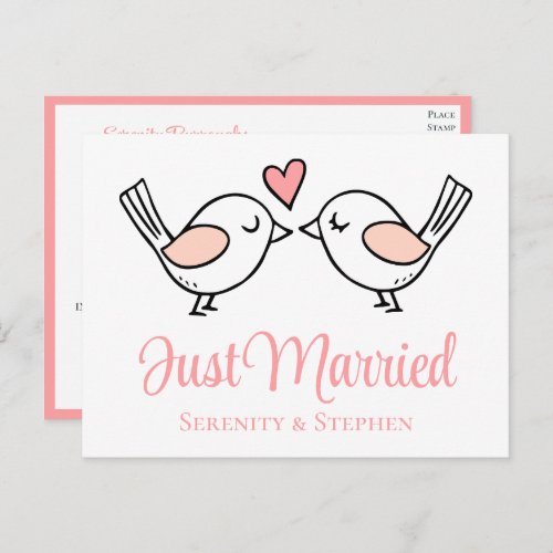 Lovebird Pink Love Birds Just Married Wedding  Announcement Postcard