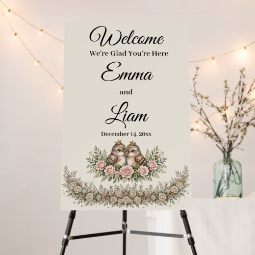 Lovebird Wedding Welcome Sign Poster Cream Roses