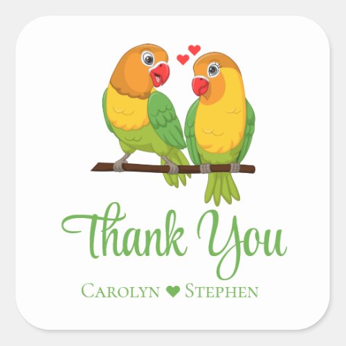 Lovebird Yellow Green Love Birds Wedding Thank you Square Sticker