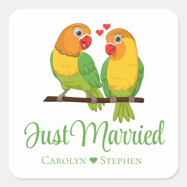 Lovebird Yellow Love Birds Just Married Wedding Square Sticker (Front)