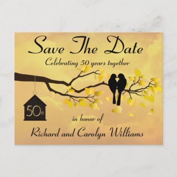 Lovebirds 50th Anniversary Save The Date Announcement Postcard by NightOwlsMenagerie at Zazzle