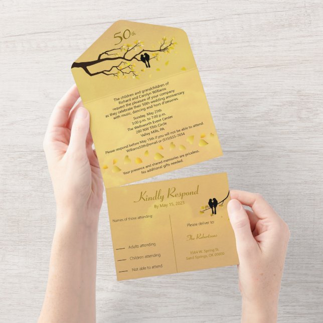 Lovebirds 50th Golden Wedding Anniversary All In One Invitation (Tearaway)