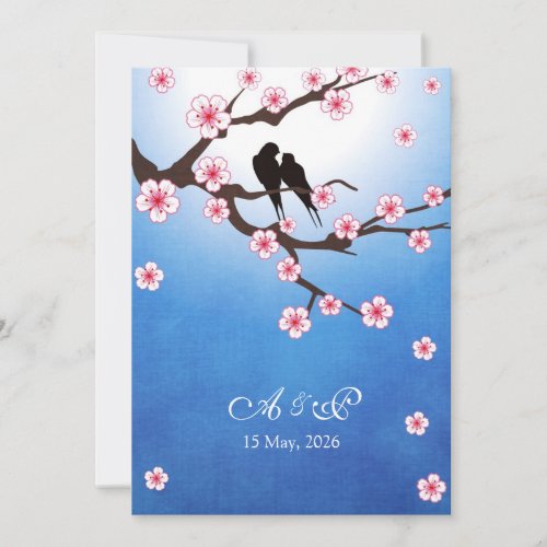 Lovebirds and Sakura - Blue Background Personalized Invitations