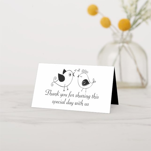 Lovebirds Black Wedding Bridal Shower Thank You Place Card (Front)