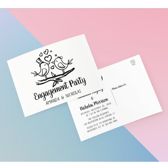 Lovebirds Black White Wedding Engagement Party Invitation Postcard (Creator Uploaded)