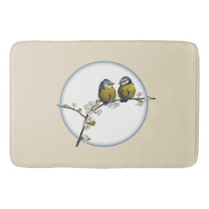 Lovebirds cherry blossom branch retro circle beige bath mat