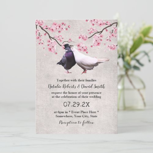 Lovebirds  Cherry Blossom Vintage Floral Wedding Invitation