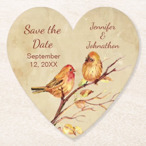Lovebirds Couple Custom Names Save the Date Paper Coaster
