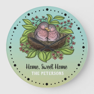 Lovebirds Couple in Nest Home Sweet Home Large Clock