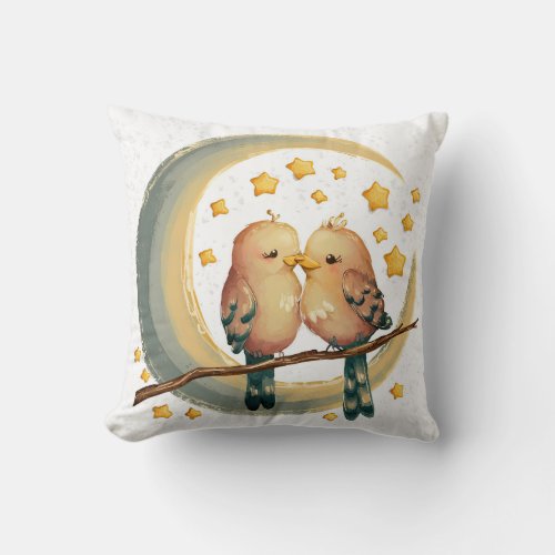 Lovebirds Couple on Tree Branch  Crescent Moon  Throw Pillow