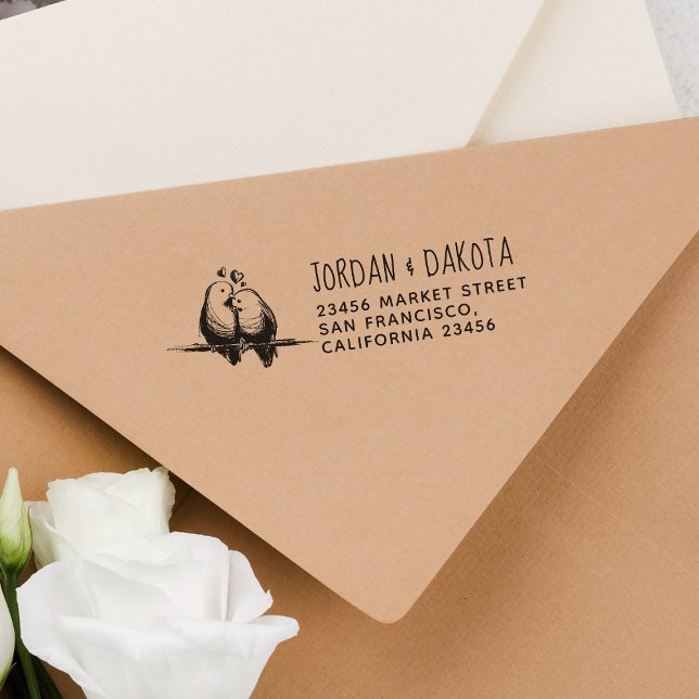 Lovebirds | Custom Wedding Names & Return Address Rubber Stamp (Stamp Mock-up)