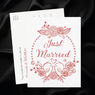 Lovebirds Floral Wreath Red Just Married Wedding Announcement Postcard