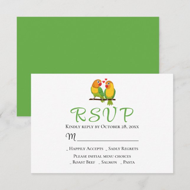 Lovebirds Green Yellow Love Birds Wedding RSVP Card (Front/Back)
