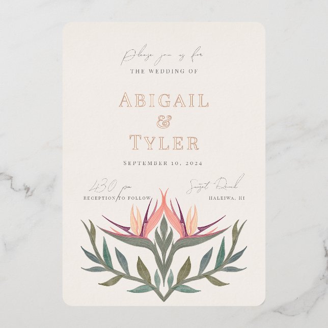 Lovebirds in Paradise Wedding Foil Invitation (Front)