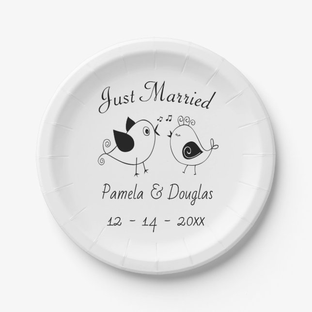 Lovebirds Just Married Black White Wedding Birds Paper Plates (Front)