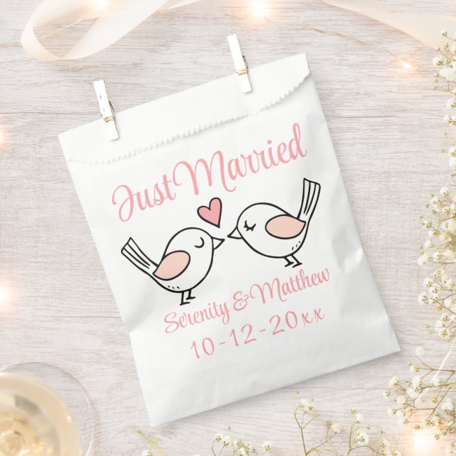 Lovebirds Just Married Pink Love Birds Wedding Favor Bag (Clipped)