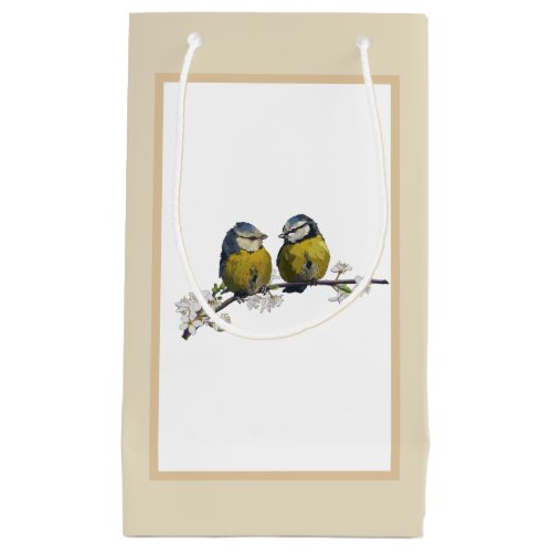 Lovebirds on a cherry blossom branch beige small gift bag