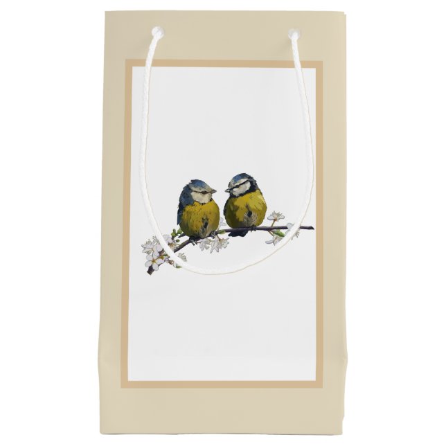 Lovebirds on a cherry blossom branch beige small gift bag (Front)