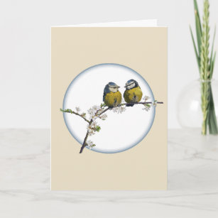 Lovebirds on a cherry blossom branch circle beige card