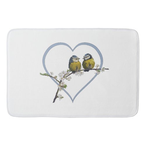 Lovebirds on a cherry blossom branch heart white bath mat